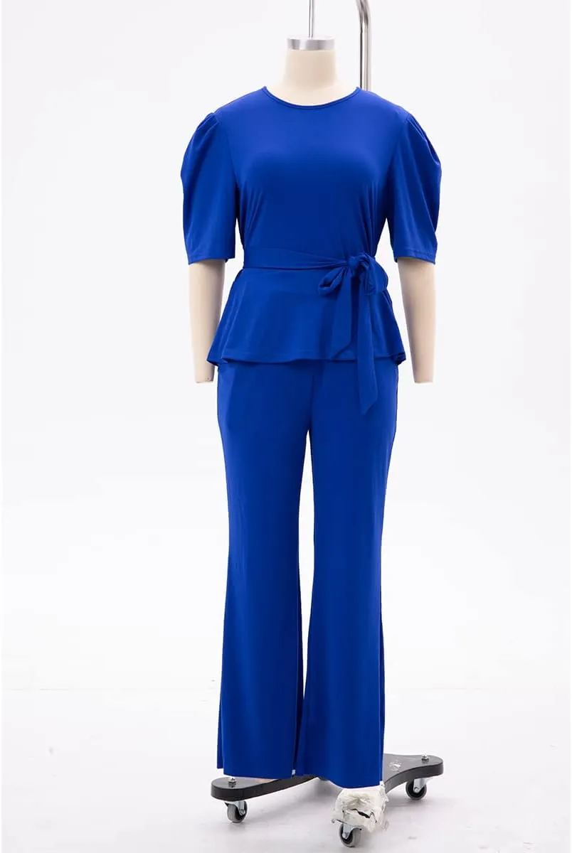 ThusFar Plus Size 2 Piece Outfits for Women Blazer Top Long Sleeve Long Pants Sets Casual Elegant Business Suit with Belt