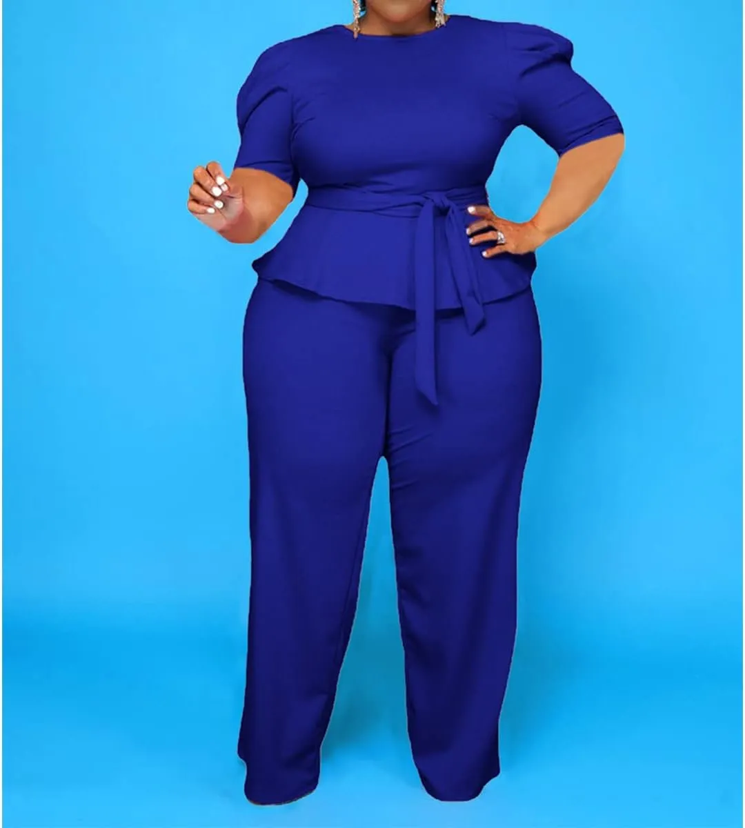 ThusFar Plus Size 2 Piece Outfits for Women Blazer Top Long Sleeve Long Pants Sets Casual Elegant Business Suit with Belt