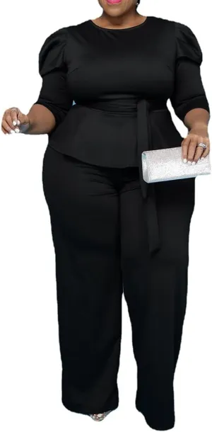 ThusFar Plus Size 2 Piece Outfits for Women Blazer Top Long Sleeve Long Pants Sets Casual Elegant Business Suit with Belt