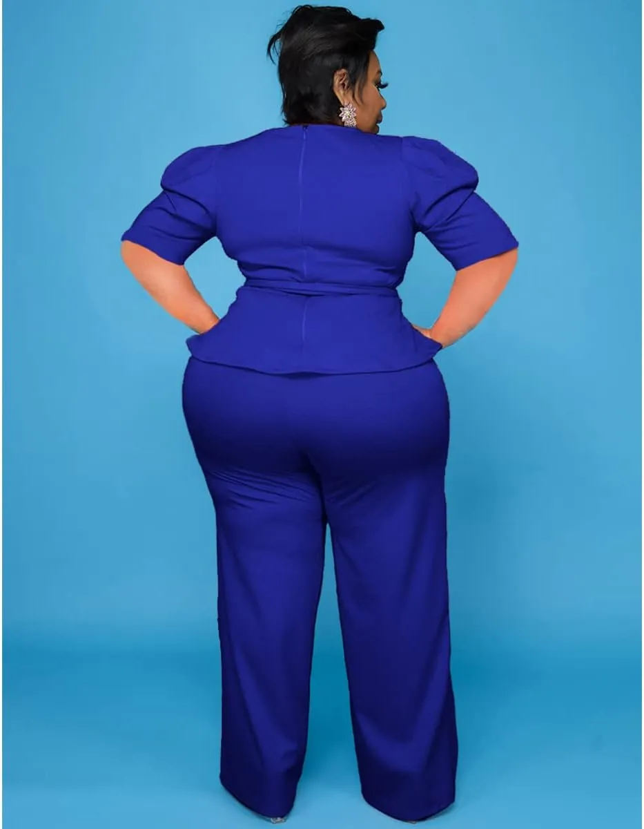 ThusFar Plus Size 2 Piece Outfits for Women Blazer Top Long Sleeve Long Pants Sets Casual Elegant Business Suit with Belt
