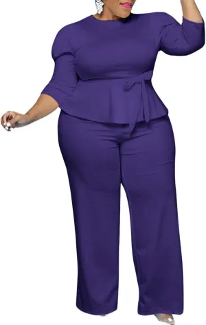 ThusFar Plus Size 2 Piece Outfits for Women Blazer Top Long Sleeve Long Pants Sets Casual Elegant Business Suit with Belt