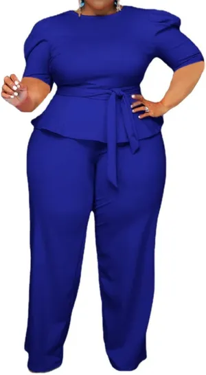 ThusFar Plus Size 2 Piece Outfits for Women Blazer Top Long Sleeve Long Pants Sets Casual Elegant Business Suit with Belt