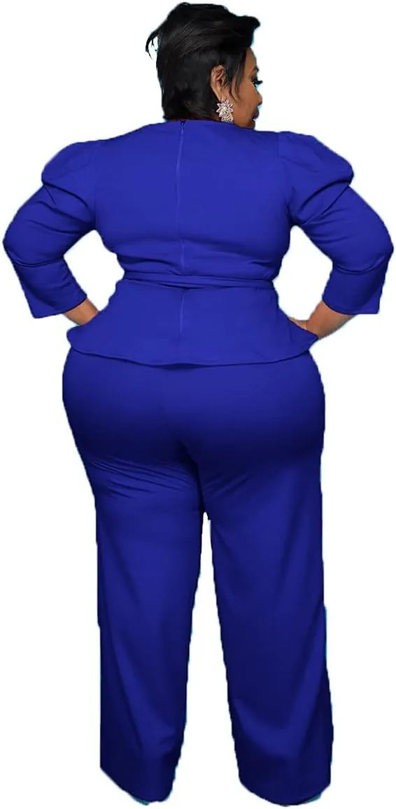 ThusFar Plus Size 2 Piece Outfits for Women Blazer Top Long Sleeve Long Pants Sets Casual Elegant Business Suit with Belt