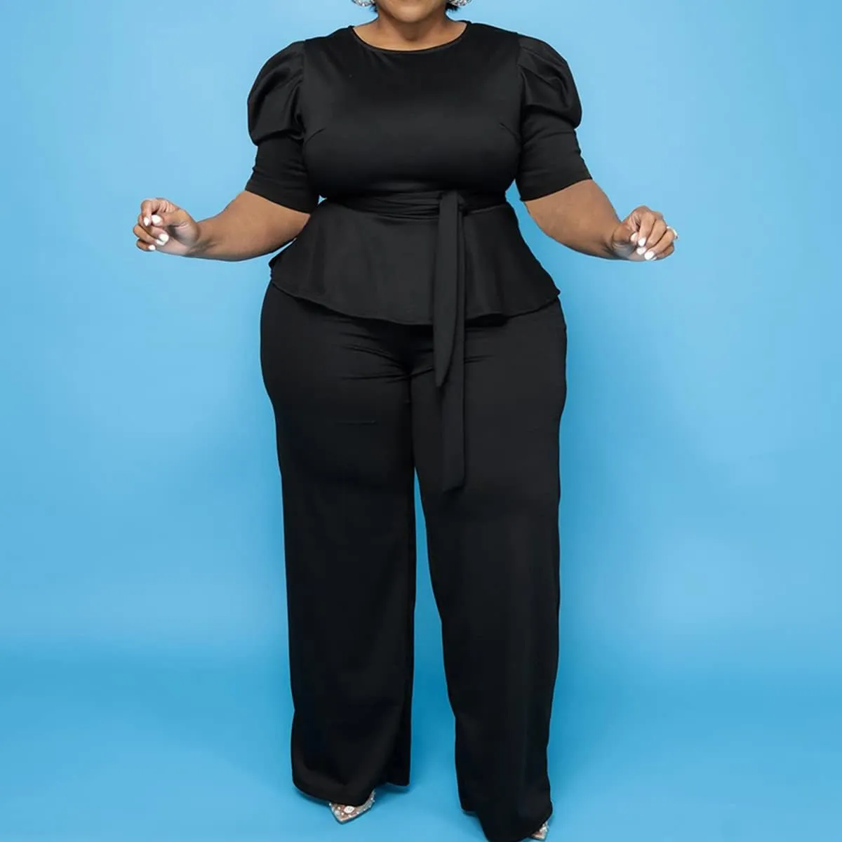 ThusFar Plus Size 2 Piece Outfits for Women Blazer Top Long Sleeve Long Pants Sets Casual Elegant Business Suit with Belt