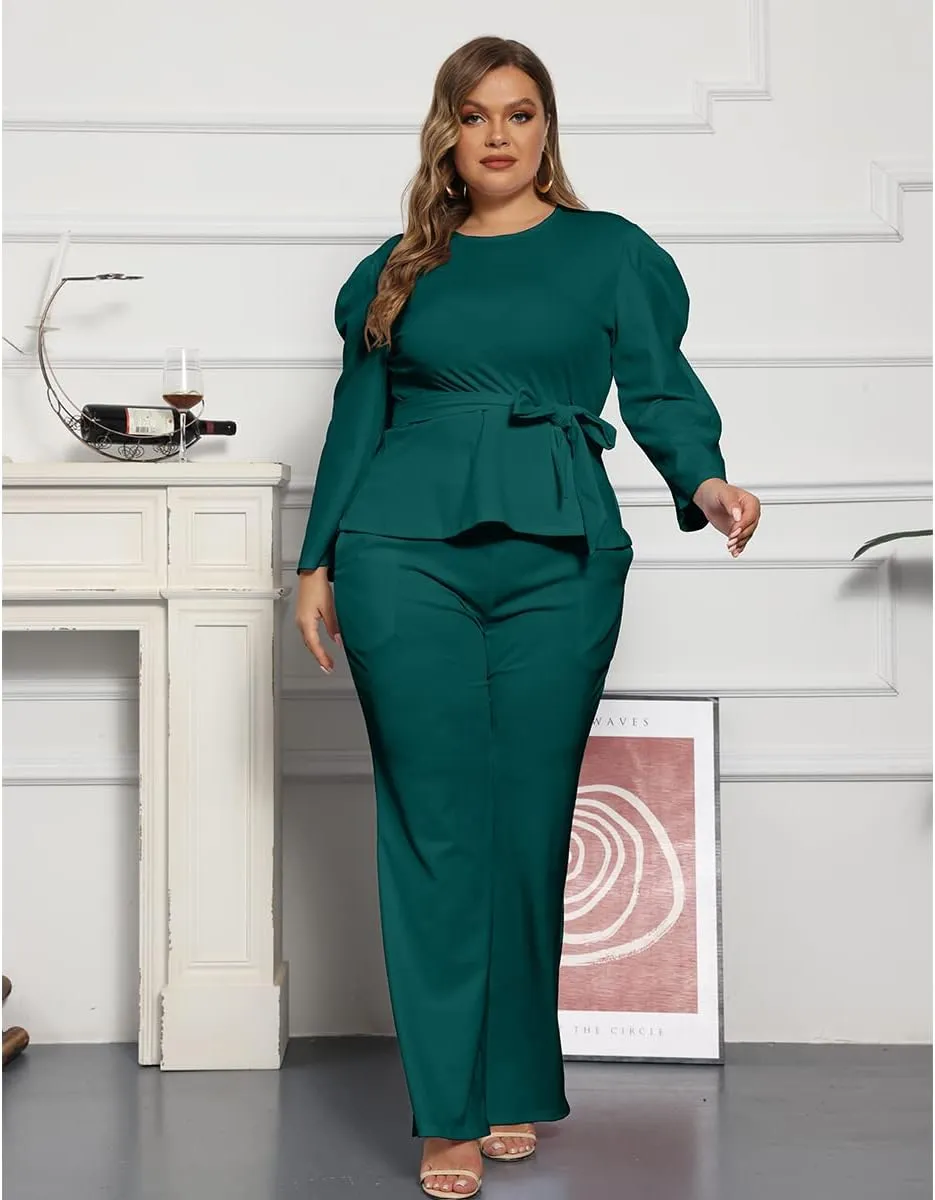 ThusFar Plus Size 2 Piece Outfits for Women Blazer Top Long Sleeve Long Pants Sets Casual Elegant Business Suit with Belt