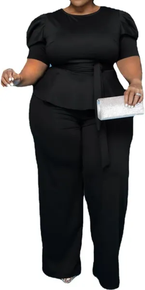 ThusFar Plus Size 2 Piece Outfits for Women Blazer Top Long Sleeve Long Pants Sets Casual Elegant Business Suit with Belt