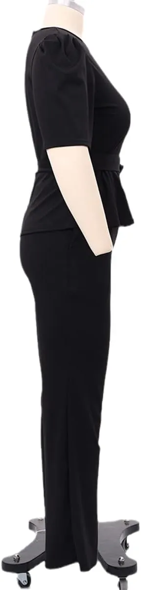 ThusFar Plus Size 2 Piece Outfits for Women Blazer Top Long Sleeve Long Pants Sets Casual Elegant Business Suit with Belt