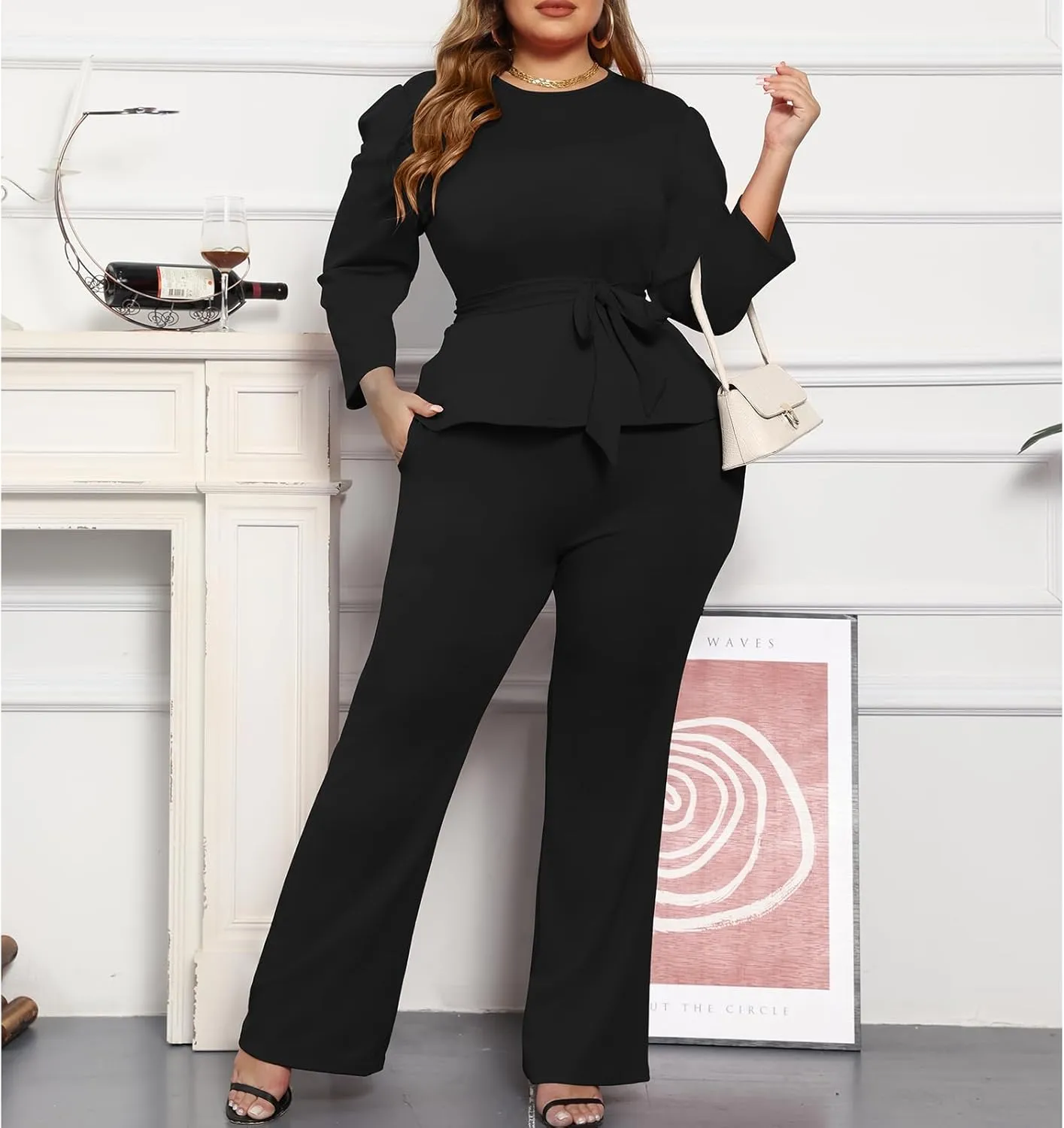 ThusFar Plus Size 2 Piece Outfits for Women Blazer Top Long Sleeve Long Pants Sets Casual Elegant Business Suit with Belt