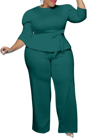 ThusFar Plus Size 2 Piece Outfits for Women Blazer Top Long Sleeve Long Pants Sets Casual Elegant Business Suit with Belt