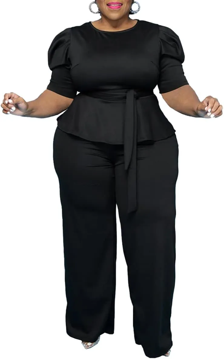 ThusFar Plus Size 2 Piece Outfits for Women Blazer Top Long Sleeve Long Pants Sets Casual Elegant Business Suit with Belt