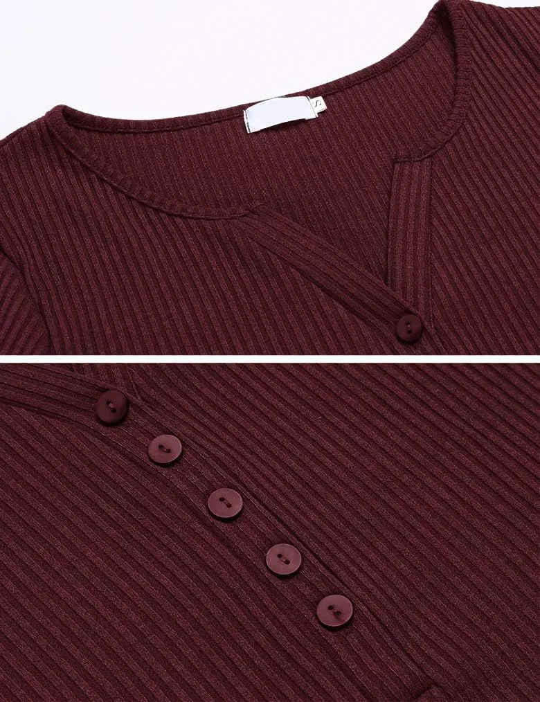 Tobrief Women's Henley Shirts Long Sleeve V Neck Ribbed Button Down Knit Sweater Fitted Tops
