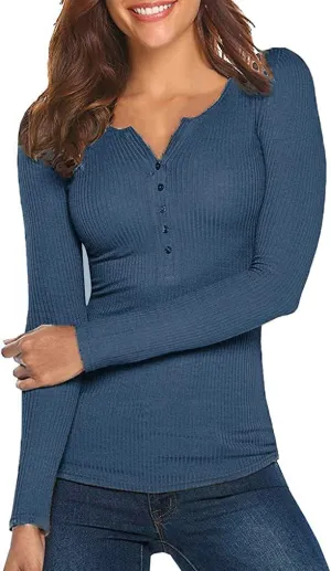 Tobrief Women's Henley Shirts Long Sleeve V Neck Ribbed Button Down Knit Sweater Fitted Tops