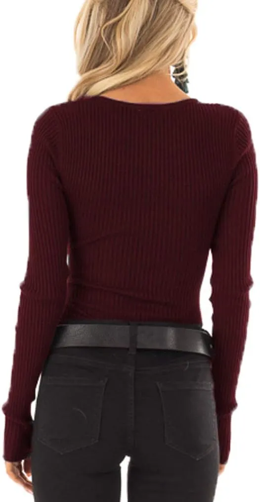 Tobrief Women's Henley Shirts Long Sleeve V Neck Ribbed Button Down Knit Sweater Fitted Tops