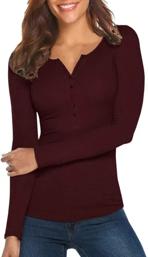 Tobrief Women's Henley Shirts Long Sleeve V Neck Ribbed Button Down Knit Sweater Fitted Tops
