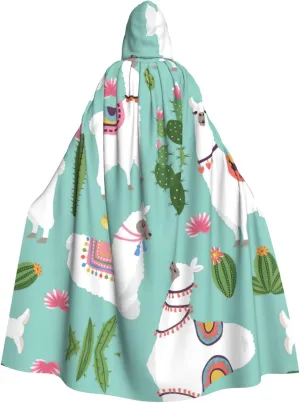 Tropical Llama Alpaca Cactus Flower Print Long Cape Unisex Cloak With Hood Halloween Costume Cloak Adult Vampire Witch Cape