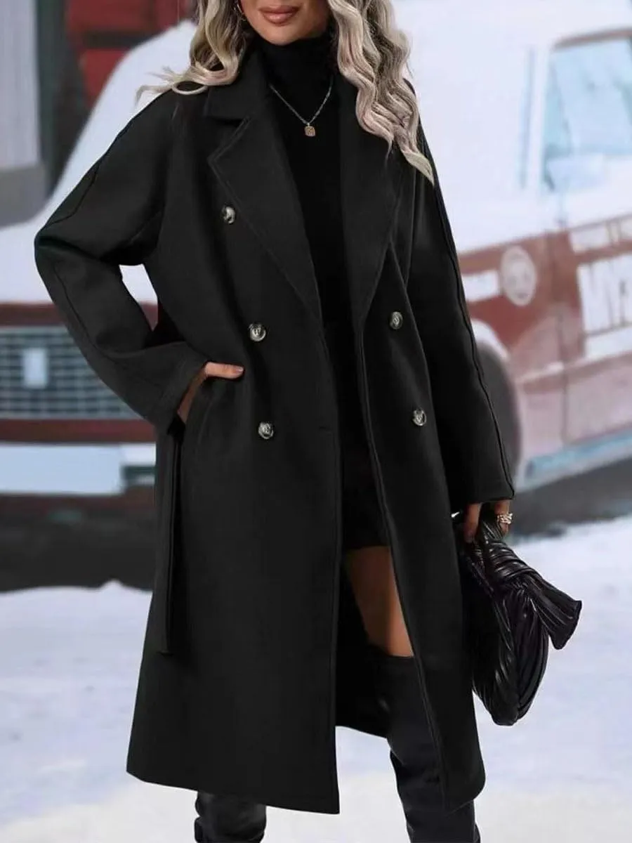 utcoco Women's Trench Coats 2024 Double-Breasted Notch Lapel Long Midi Pea Coat with Belt