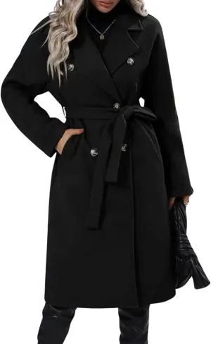 utcoco Women's Trench Coats 2024 Double-Breasted Notch Lapel Long Midi Pea Coat with Belt