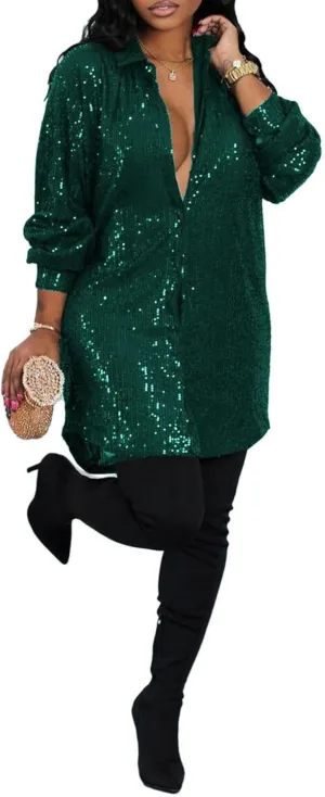 Vaceky Sequin Shirt Dress Women Collared Button Down Long Sleeve Flowy Tunic Dresses
