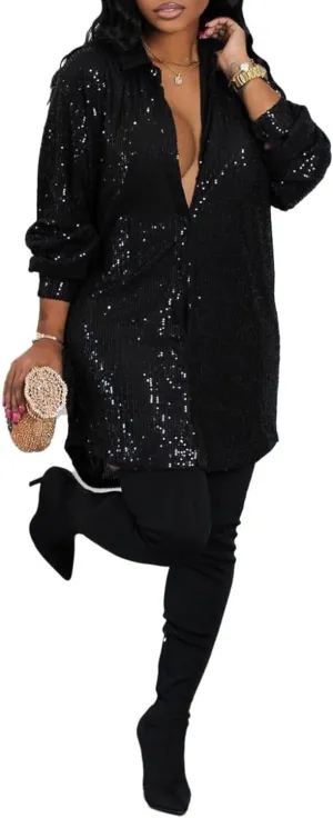 Vaceky Sequin Shirt Dress Women Collared Button Down Long Sleeve Flowy Tunic Dresses