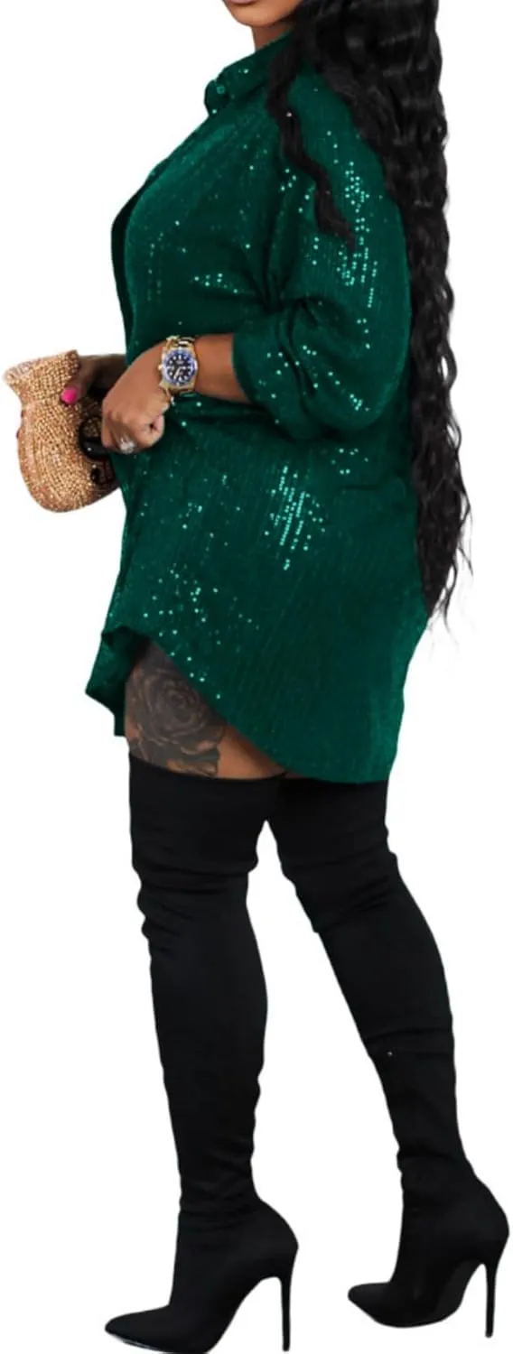 Vaceky Sequin Shirt Dress Women Collared Button Down Long Sleeve Flowy Tunic Dresses