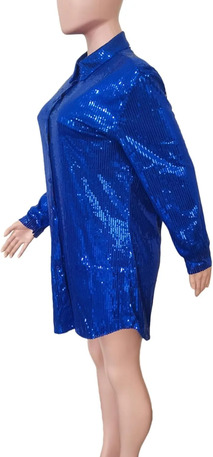 Vaceky Sequin Shirt Dress Women Collared Button Down Long Sleeve Flowy Tunic Dresses