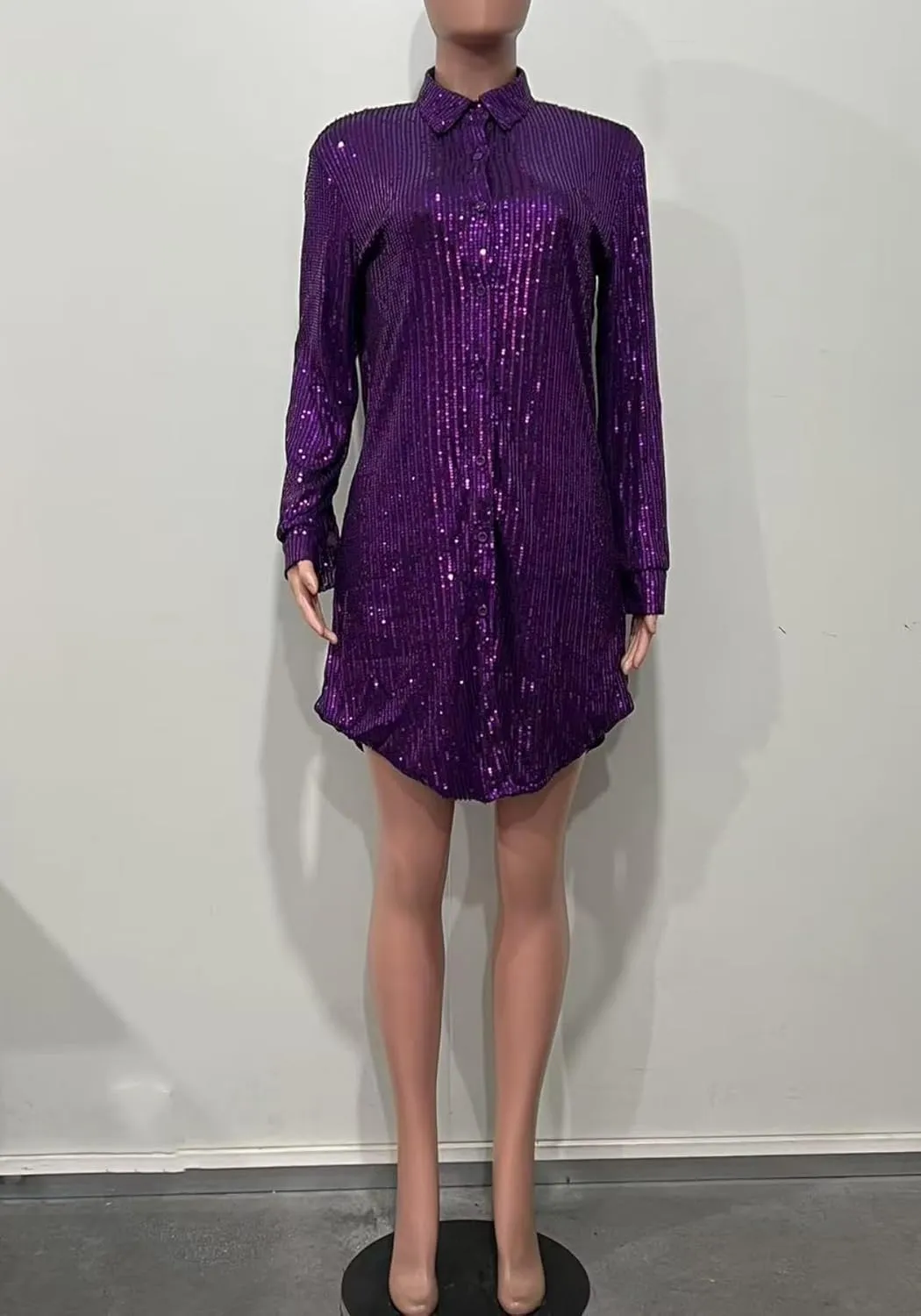 Vaceky Sequin Shirt Dress Women Collared Button Down Long Sleeve Flowy Tunic Dresses