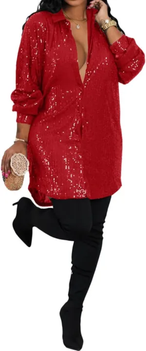 Vaceky Sequin Shirt Dress Women Collared Button Down Long Sleeve Flowy Tunic Dresses