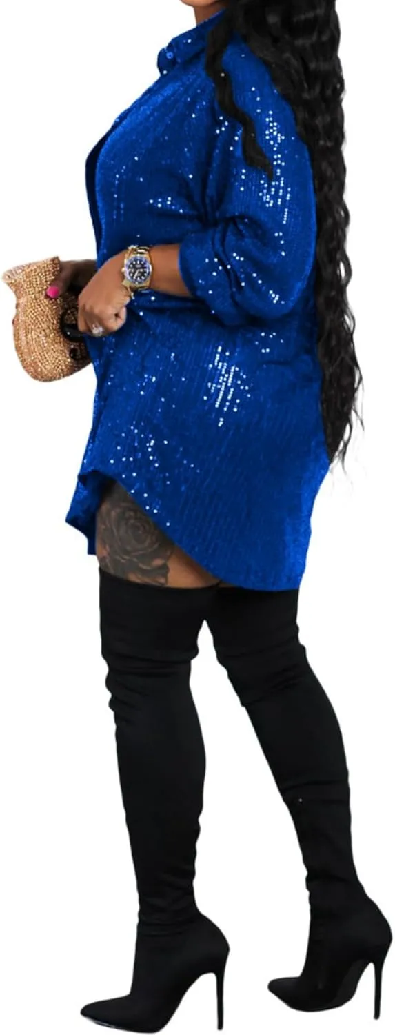 Vaceky Sequin Shirt Dress Women Collared Button Down Long Sleeve Flowy Tunic Dresses
