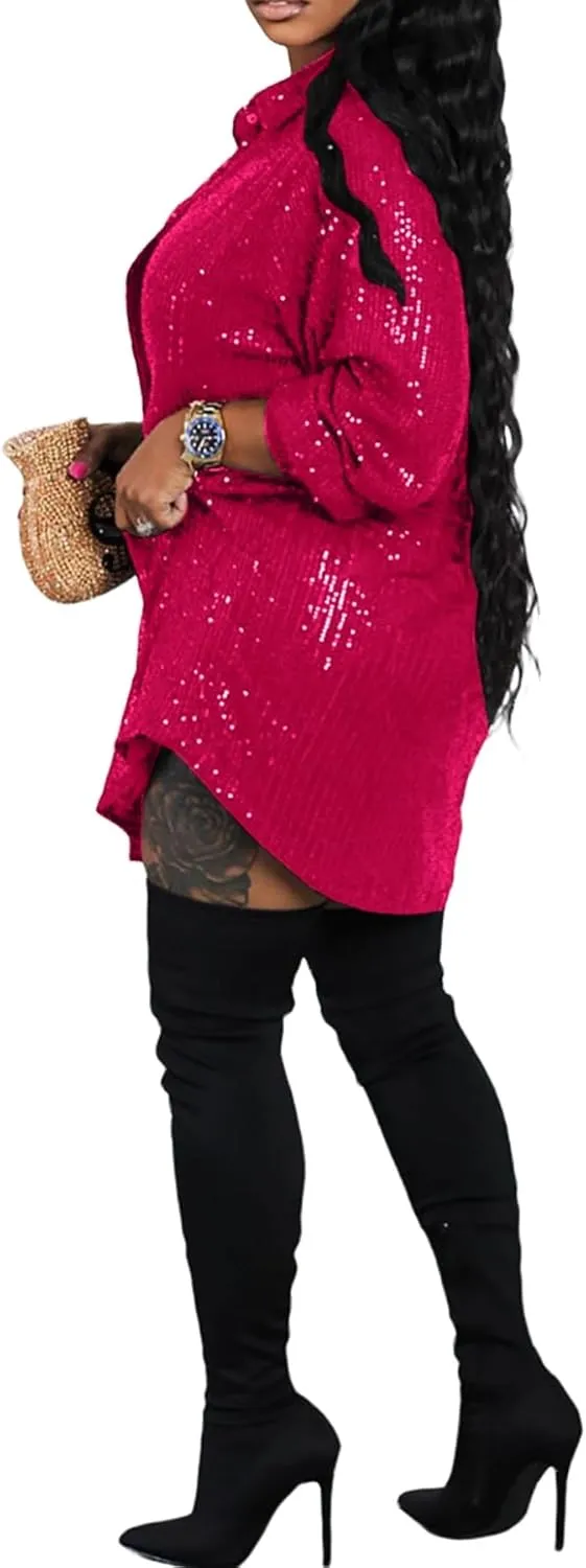 Vaceky Sequin Shirt Dress Women Collared Button Down Long Sleeve Flowy Tunic Dresses