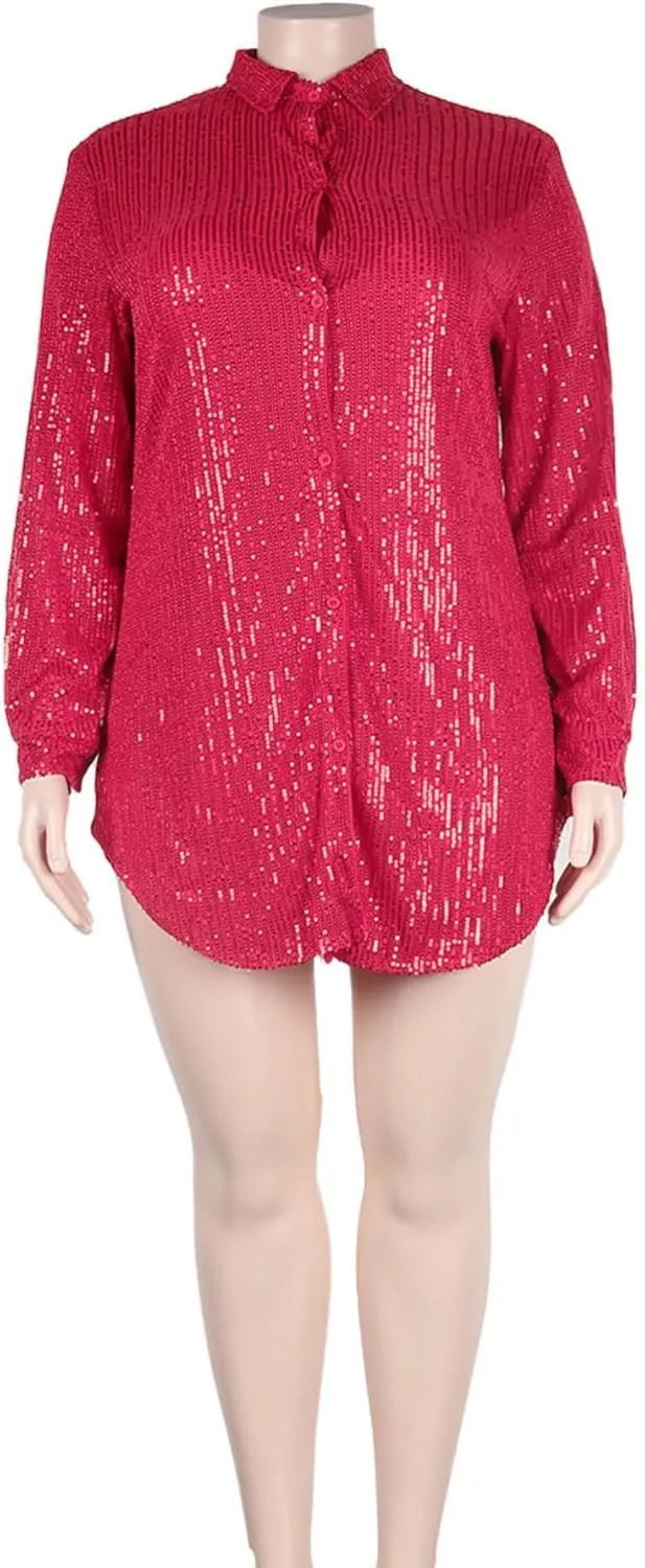 Vaceky Sequin Shirt Dress Women Collared Button Down Long Sleeve Flowy Tunic Dresses