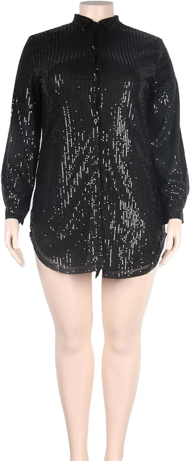 Vaceky Sequin Shirt Dress Women Collared Button Down Long Sleeve Flowy Tunic Dresses