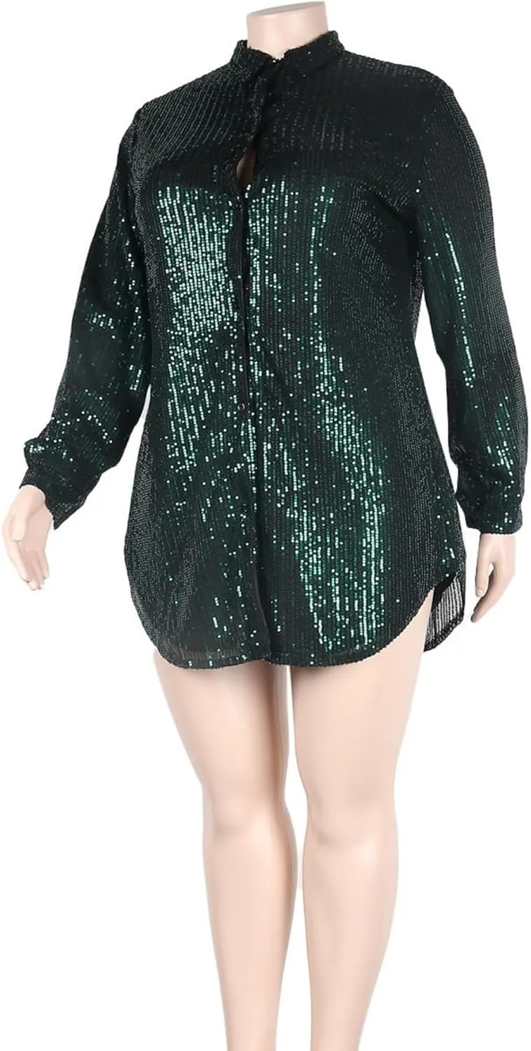 Vaceky Sequin Shirt Dress Women Collared Button Down Long Sleeve Flowy Tunic Dresses