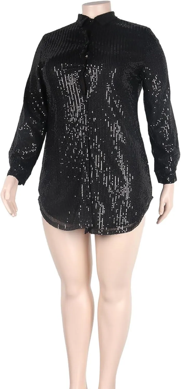 Vaceky Sequin Shirt Dress Women Collared Button Down Long Sleeve Flowy Tunic Dresses