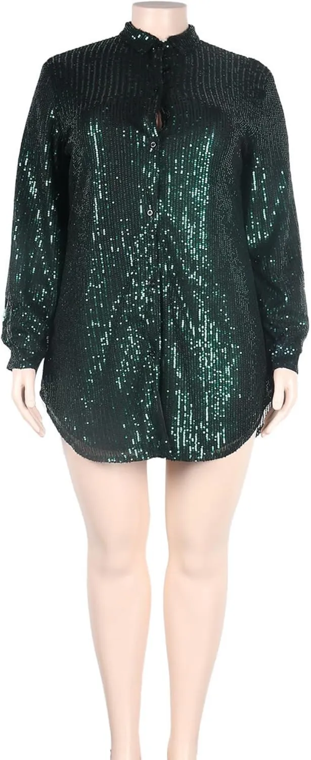 Vaceky Sequin Shirt Dress Women Collared Button Down Long Sleeve Flowy Tunic Dresses
