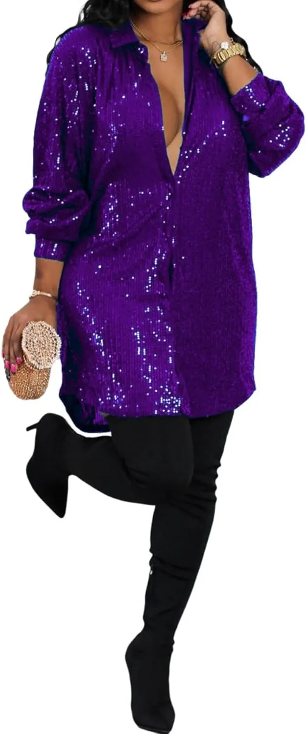 Vaceky Sequin Shirt Dress Women Collared Button Down Long Sleeve Flowy Tunic Dresses
