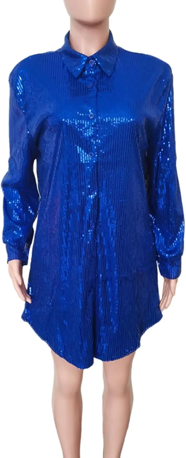 Vaceky Sequin Shirt Dress Women Collared Button Down Long Sleeve Flowy Tunic Dresses