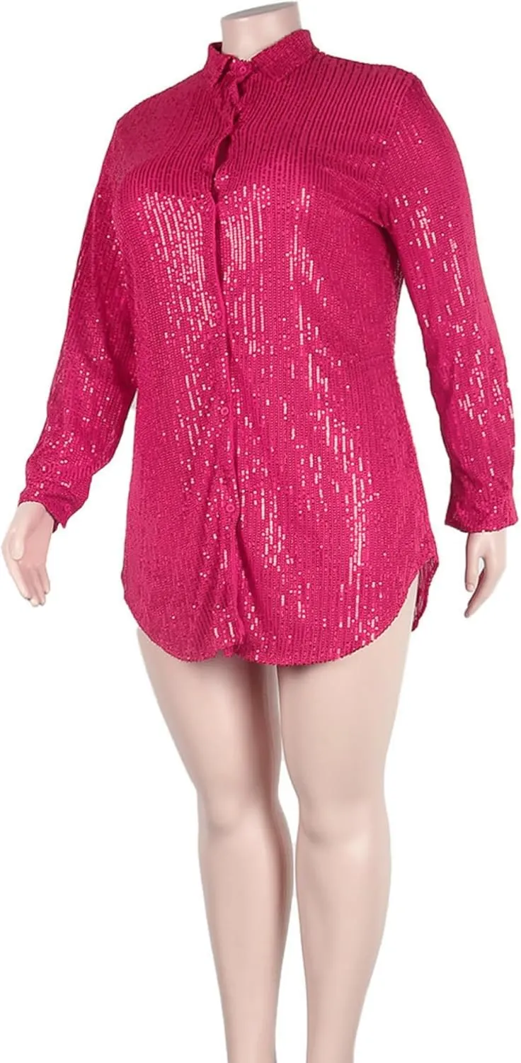 Vaceky Sequin Shirt Dress Women Collared Button Down Long Sleeve Flowy Tunic Dresses