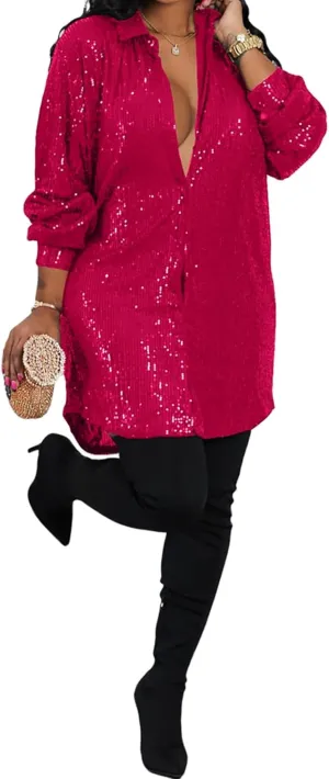 Vaceky Sequin Shirt Dress Women Collared Button Down Long Sleeve Flowy Tunic Dresses