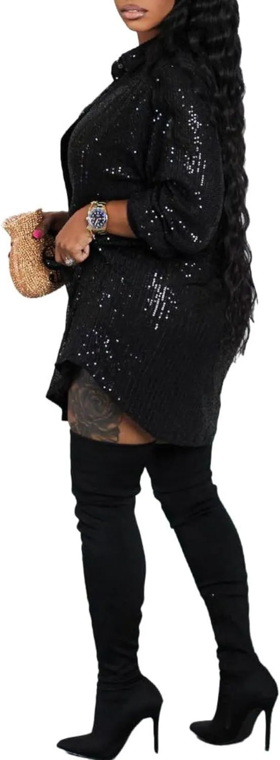 Vaceky Sequin Shirt Dress Women Collared Button Down Long Sleeve Flowy Tunic Dresses