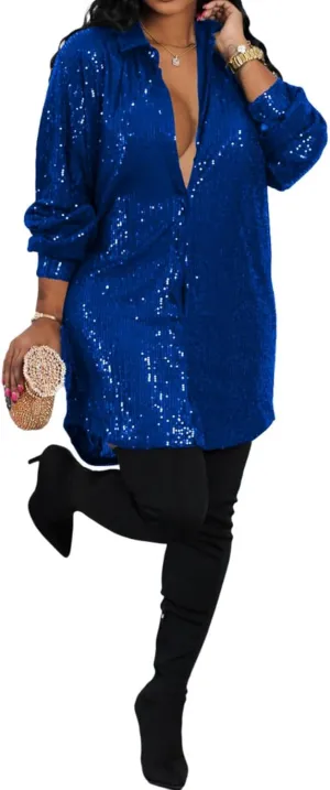 Vaceky Sequin Shirt Dress Women Collared Button Down Long Sleeve Flowy Tunic Dresses