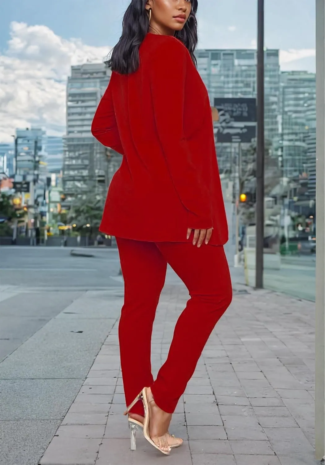 Vakkest Womens Suits 2 Piece Set Business Formal Outfit Casual Long Sleeve Blazer and Office Work Pencil Pants Dressy