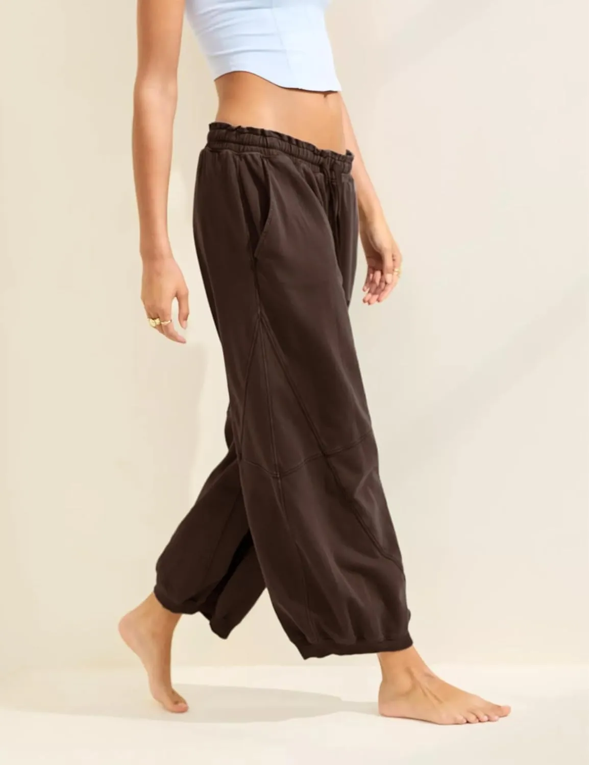 Watashi Women Wide Leg Pants Casual Elastic Wasited Summer Trouser Slacks Beach Palazzo Harem Pants