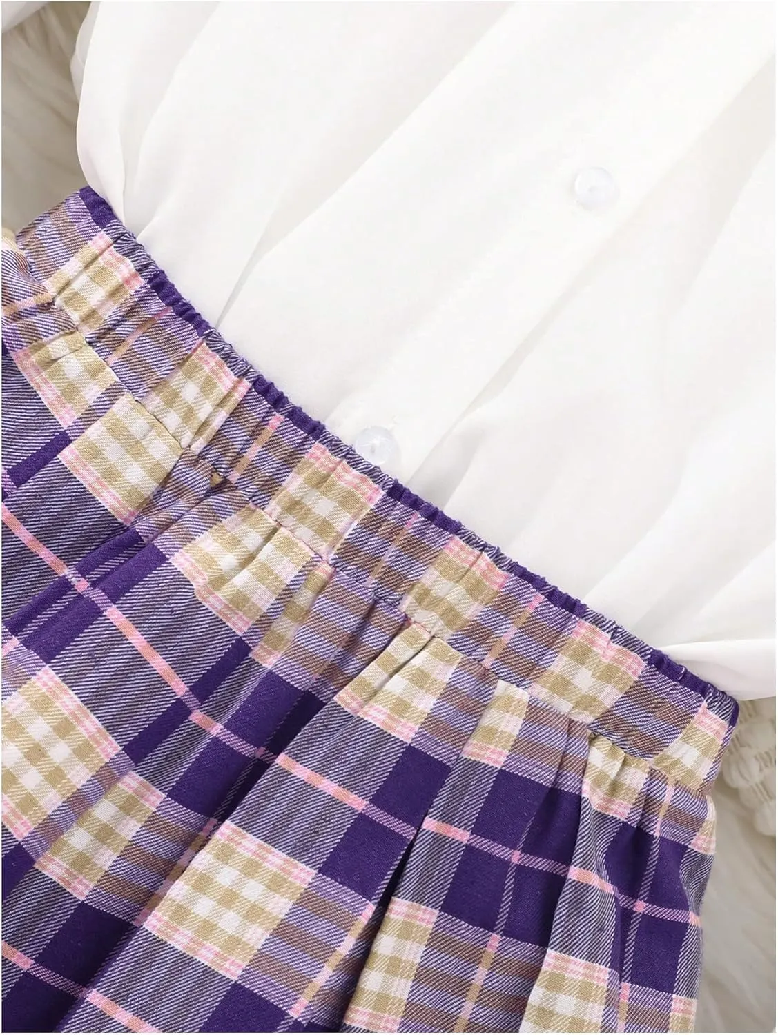 WDIRARA Girl's 3 Piece Outfit Flounce Sleeve Button Down Shirt V Neck Sweater Vest Plaid Pleated Skirt Set