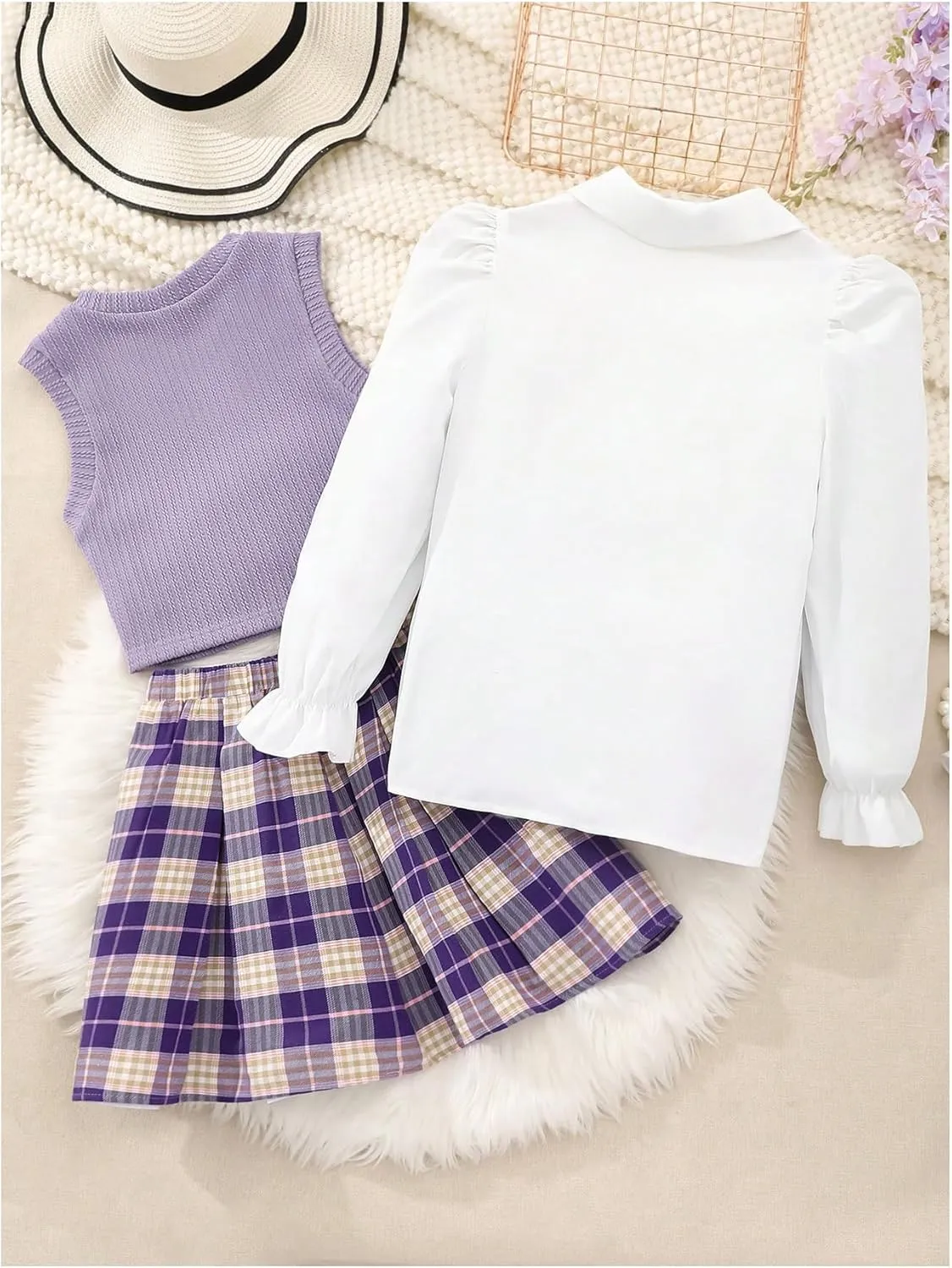 WDIRARA Girl's 3 Piece Outfit Flounce Sleeve Button Down Shirt V Neck Sweater Vest Plaid Pleated Skirt Set