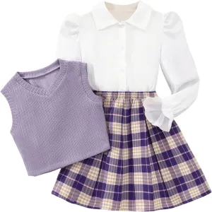 WDIRARA Girl's 3 Piece Outfit Flounce Sleeve Button Down Shirt V Neck Sweater Vest Plaid Pleated Skirt Set