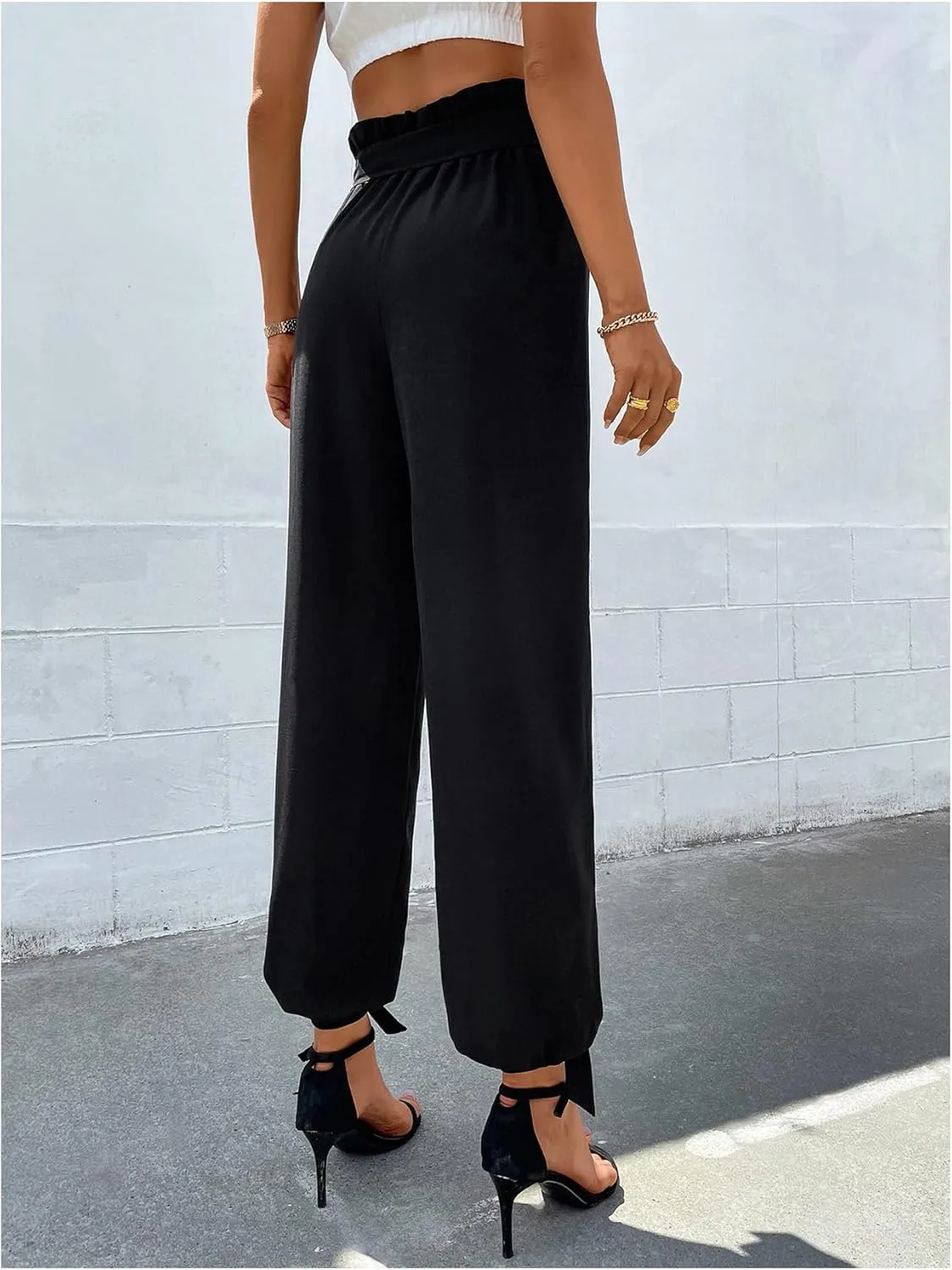 WDIRARA Women's Boho High Waist Split Knot Hem Long Pants Flowy Harem Yoga Pants