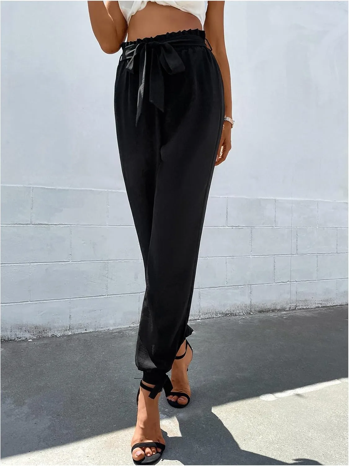 WDIRARA Women's Boho High Waist Split Knot Hem Long Pants Flowy Harem Yoga Pants