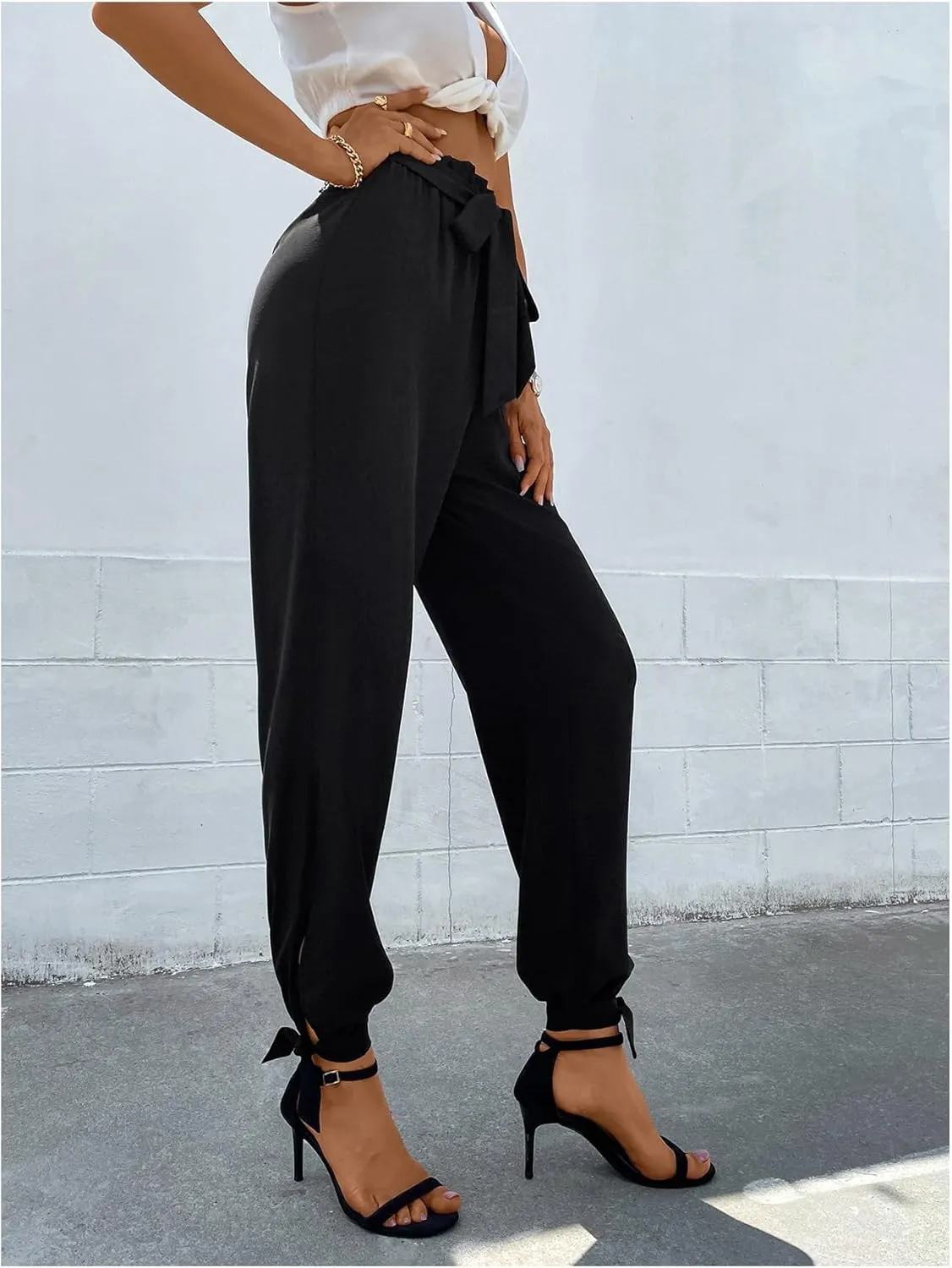 WDIRARA Women's Boho High Waist Split Knot Hem Long Pants Flowy Harem Yoga Pants