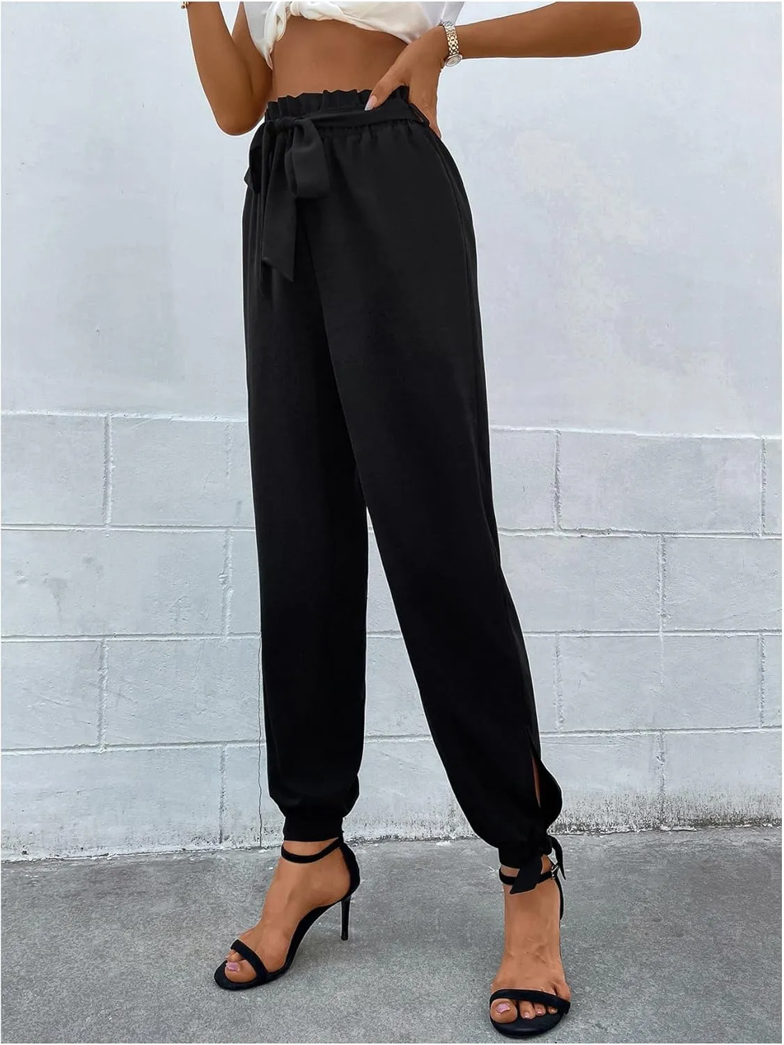 WDIRARA Women's Boho High Waist Split Knot Hem Long Pants Flowy Harem Yoga Pants