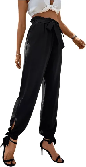 WDIRARA Women's Boho High Waist Split Knot Hem Long Pants Flowy Harem Yoga Pants